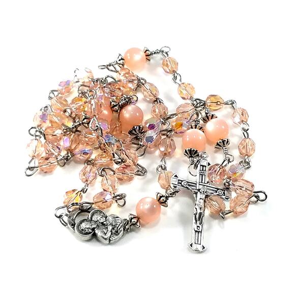 Handmade Pink Five Decade Rosary, Stainless Steel Wire, Vintage Moonglow Beads - Picture 5 of 10